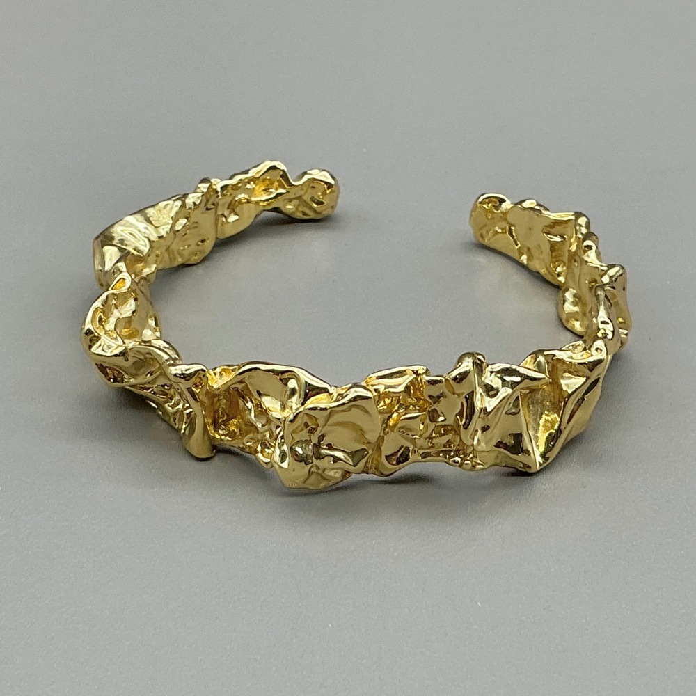 Cuff Bracelet Womens Gold Tone Textured Abstract Crinkled Molten Metal Design